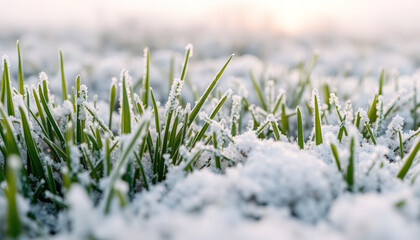 grass in snow close-up view 