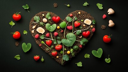 Heart made of intertwined fruit and vegetable vines, Natures Heart, organic growth and natural health concept