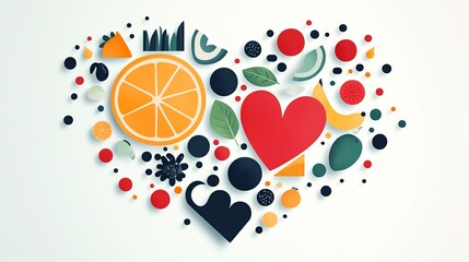 Watercolor style heart made of various fruits and vegetables, Creative Nutrition Art, artistic and healthconscious design