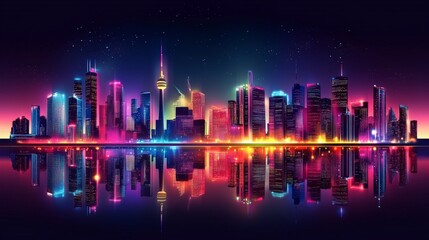 Wall Mural - Vibrant Neon City Skyline Reflected in Calm Waters