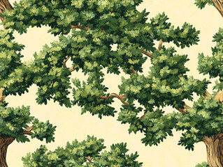 Poster - vibrant green tree leaves on a soft beige background.