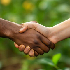 close up of two hands shaking, symbolizing unity and collaboration in vibrant green environment. This image captures essence of partnership and mutual respect