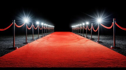 Velvet ropes line a pristine red carpet, the bright lights casting long shadows, setting the stage for a glamorous VIP event.