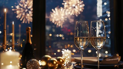 Elegant New Year's Eve Party with Champagne and Fireworks