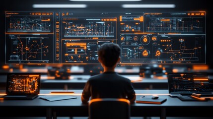 A focused individual analyzes data on multiple screens in a modern workspace, showcasing technology and analytics prowess.