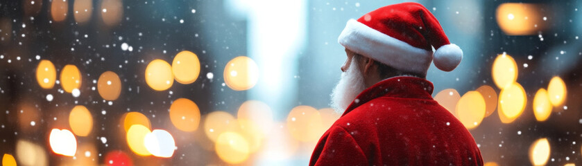 man in Santa Claus costume stands in urban landscape, surrounded by falling snow and glowing city lights, evoking festive holiday spirit