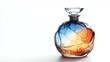 © TSUCHAXAYA - Elegant glass perfume bottle with colorful artistic design, featuring blue and orange hues, isolated on a white background.