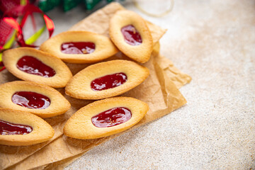 Cookies strawberry jam boat shape sweet christmas cookies delicious baked goods Christmas background New Year's holiday fresh meal food snack on the table copy space food background rustic top view