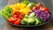 © Chuemon - A beautifully arranged plate filled with a variety of colorful vegetables, fruits, whole grains, and lean proteins, all displayed on a rustic wooden table in natural light.