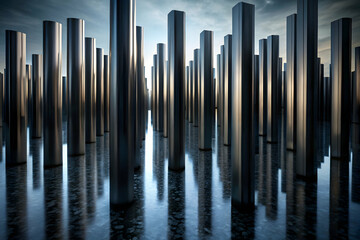 Poster - Serene Steel Columns Reflecting in Still Water 