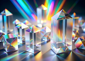 Canvas Print - prismatic crystals: a mesmerizing collection of iridescent glass prisms bathed in vibrant rainbow li