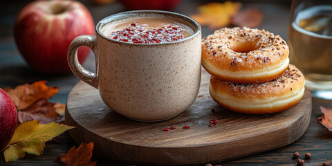 A mug of apple c Increpit with two donuts on the side, surrounded by fall leaves and apples. 