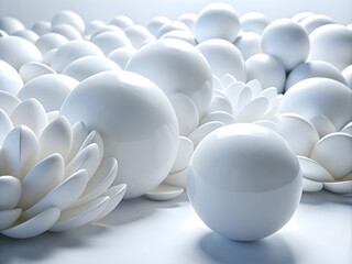 Poster - Serene White Spheres and Flowers: Abstract 3D Render of Smooth, Glossy Spheres and Stylized Flowers in a Minimalist Composition 