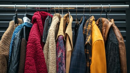 Stylish outfits displayed on a clothing rack. Collection of fashionable clothes