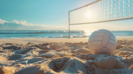 A white volleyball sits on a sandy beach with a volleyball net and the sun shining in the background.