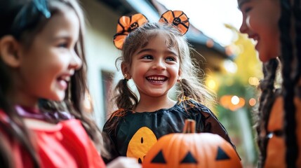 children laughing together in Halloween costumes, surrounded by pumpkins. Vibrant autumn background.