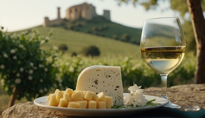 a glass of drink in a pretty glass and cheese with outdoor landscape background.