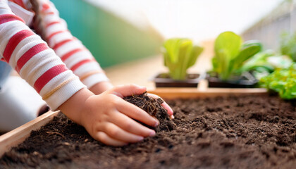 Hands transplanting a young green seedling
