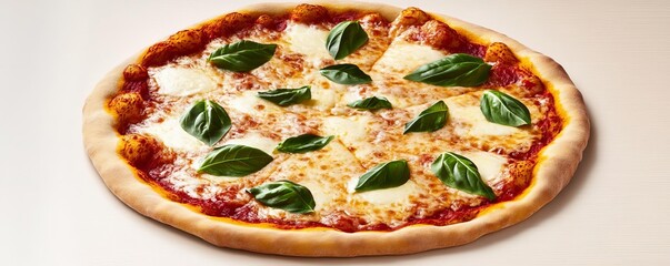 Wall Mural - Pizza with basil leaves, melted mozzarella, crisp crust, 3D illustration