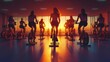© Johannes - Fitness, sport, training and lifestyle concept - group of people exercising on stationary bike in gym at sunset