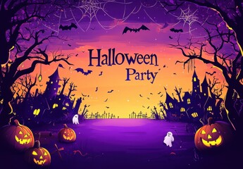 Wall Mural - halloween party background with a purple, orange, and yellow gradient color scheme 