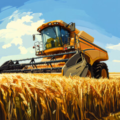 bright yellow combine harvester is efficiently harvesting golden wheat in vast field under clear blue sky. scene captures essence of agricultural productivity and beauty of rural landscapes