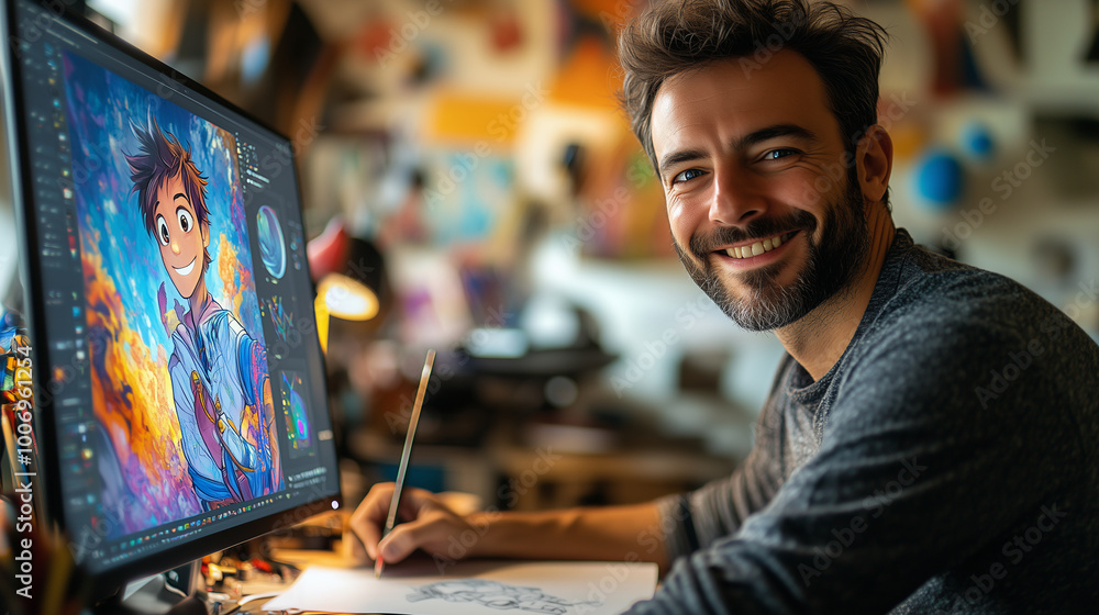 A happy man with short hair and a beard sits at his desk in front of a ...