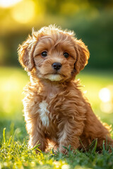 cute brown puppy sitting in the grass on a sunny day, with its fluffy fur and vibrant eyes 