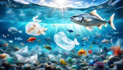 Wall Mural - Microplastic Pollution in Oceans: The Urgent Need for Recycling and Tackling Single-Use Plastics