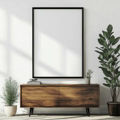 stylish living room scene featuring blank poster frame on white wall, complemented by wooden cabinet and decorative plants, creating serene and modern atmosphere