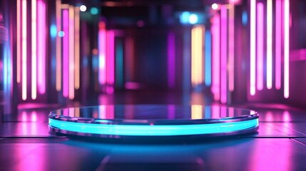 Canvas Print - A glowing blue ring pedestal sits in a futuristic hallway with neon lights.