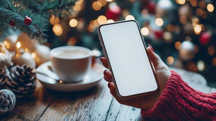 Mockup woman's hand holding using smart phone with white blank screen at Christmas light background, mobile app design and advertising, online marketing