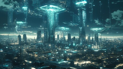 Futuristic Cityscape with Neon Lights and Skyscrapers