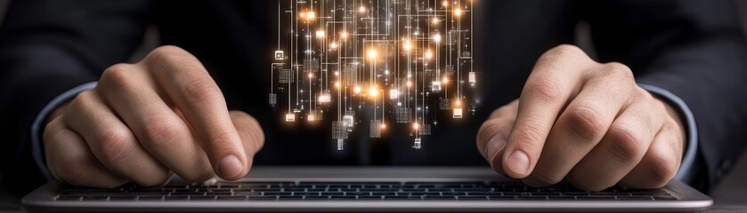 Hands Typing on Laptop with Digital Network Connection Above