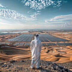 Desert solar power plant. A man overlooks a vast solar power plant in the desert.