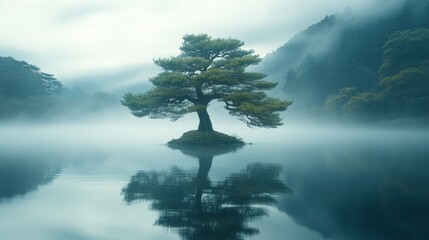 A lone pine tree standing in the middle of an ancient Japanese lake