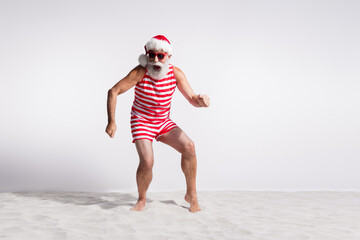 Sticker - Photo of crazy positive santa claus wear red stylish striped clothes beach pool disco isolated on white color background