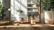 © I Am The Future - A wooden vanity scene highlighting a hair serum bottle, emphasizing its nourishing and strengthening effect.