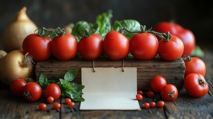 Fresh Red Tomatoes on Rustic Wooden Table with Blank Card for Text