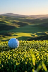 A close-up view of a golf ball resting on vibrant green grass, surrounded by rolling hills under a serene sunset sky.