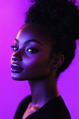 Wall Mural - A striking portrait showcasing a woman with a natural hairstyle against a vibrant purple background, highlighting beauty and confidence.