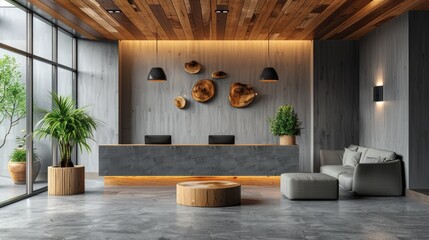 Interior of modern office of hotel reception and waiting room and gray furniture with white and wooden walls, concrete floor and reception desk. with wood decoration and plant pot. 3d rendering 