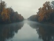 © Fokasu Art - A tranquil natural scene with mist hovering over the water on a foggy riverbank surrounded by autumn trees in nature.