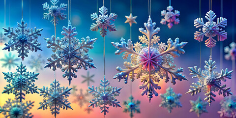 Wall Mural - Snowflake Symphony: Delicate snowflakes dance in a captivating ballet, their intricate patterns illuminated by a vibrant and ethereal sky, creating a mesmerizing winter wonderland. 