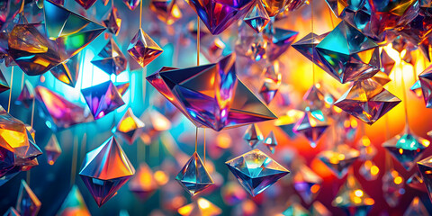 Canvas Print - chromatic crystal cascade: a mesmerizing array of iridescent, geometric crystals hangs suspended, cr