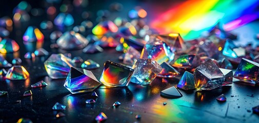 Wall Mural - rainbow prism crystals: a mesmerizing scatter of iridescent crystals refracts vibrant rainbow light,