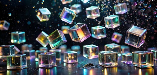 Canvas Print - rainbow crystal cubes cascade: iridescent glass cubes rain down in a dynamic, vibrant display agains