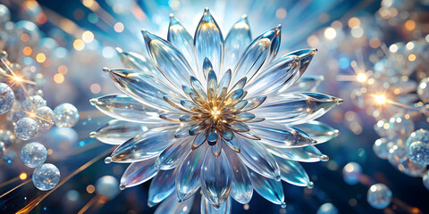 Poster - Crystal Bloom: A mesmerizing crystal flower blossoms in a kaleidoscope of light, radiating ethereal beauty and intricate detail, capturing the essence of delicate elegance and nature's artistry. 