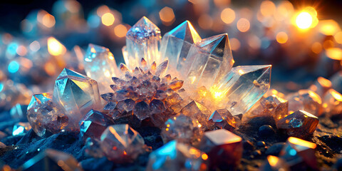 Wall Mural - crystal dreams: a captivating close-up of sparkling, multifaceted crystals bathed in warm, ethereal 