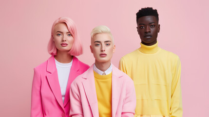 Pink & Yellow Style: A vibrant trio of young models exudes confidence and individuality in a playful portrait. Their bold pink and yellow attire creates a striking contrast against the backdrop.